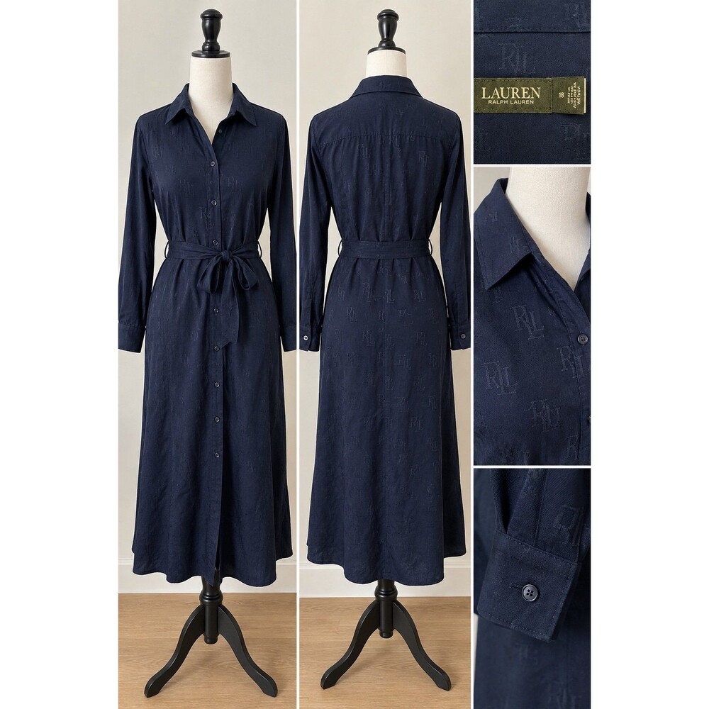 Lauren Ralph Lauren Women’s 18 Navy Button Front Shirt Dress Belted Long Sleeve